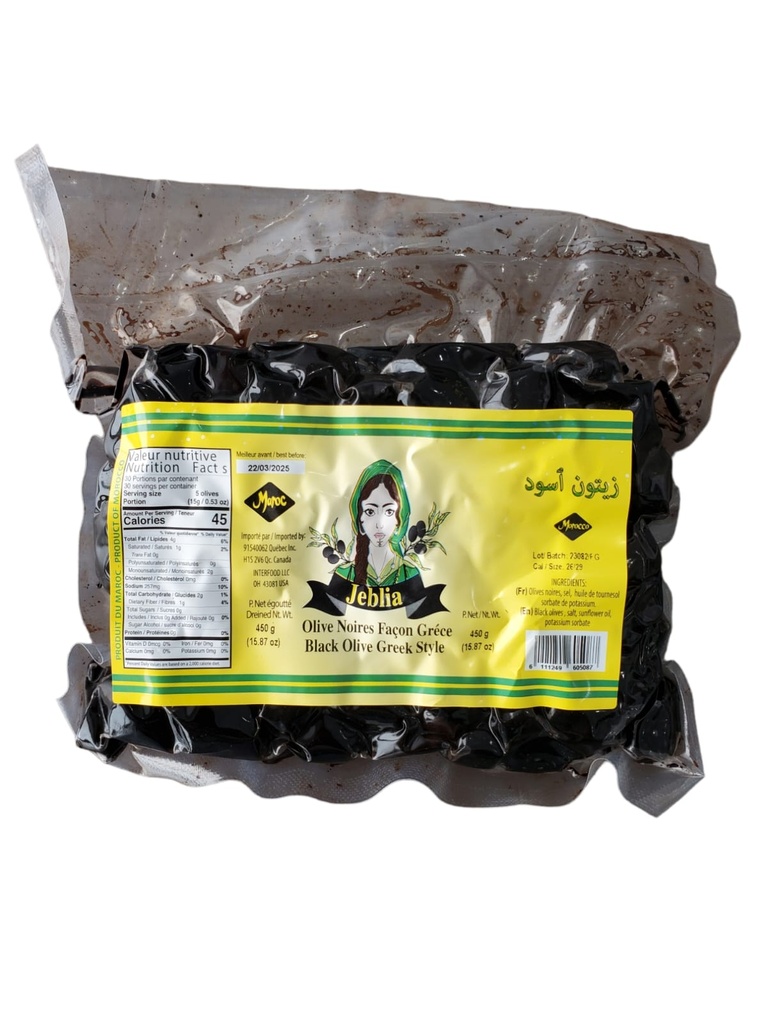 JEBLIA Olives Noires façon Grèce ( Sac sous vide) Cart 10 sac x 450 G