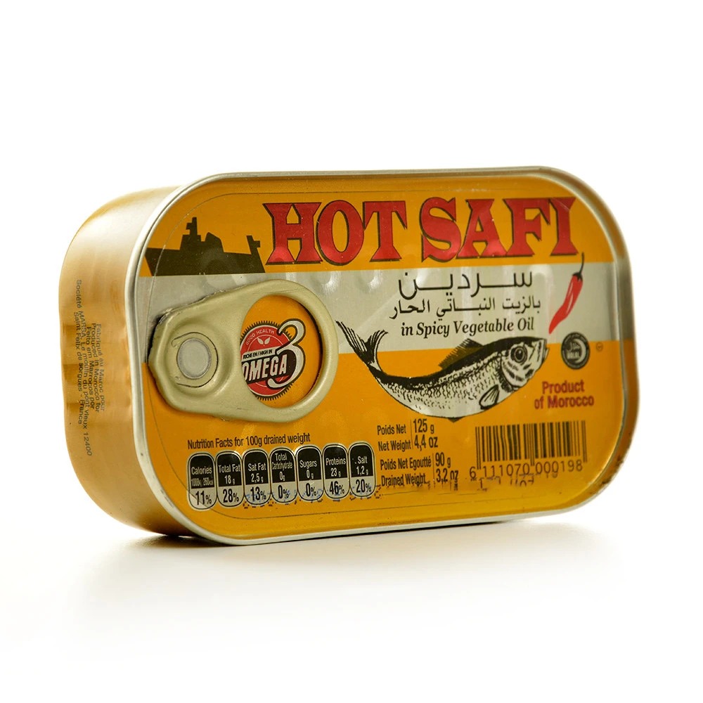 Sardines in spicy vegetable oil 125g - lithographed HOT SAFI (Yellow Box)